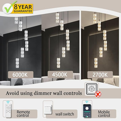 ykolupty Modern Pendant Light for Stairwell LED Dimmable Black Pendant Chandelier Crystal Pendant Light for Kitchen Island Stairwell Foyer Dining Room