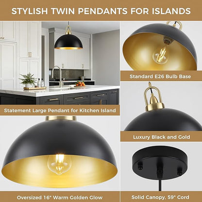 16'' Black Dome Pendant Light, Modern Farmhouse Black Pendant Light Fixture, Large Hanging Ceiling Pendant Lighting for Kitchen Island Dining Room Foyer Hallway Bar Cafe