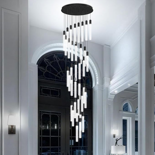 200" Extra Long Crystal Chandelier for High Ceiling 36-Light Black Crystal Column Chandeliers Modern Dimmable LED Ceiling Light for Foyer Entryway Staircase Double-Height Hotel Lobby