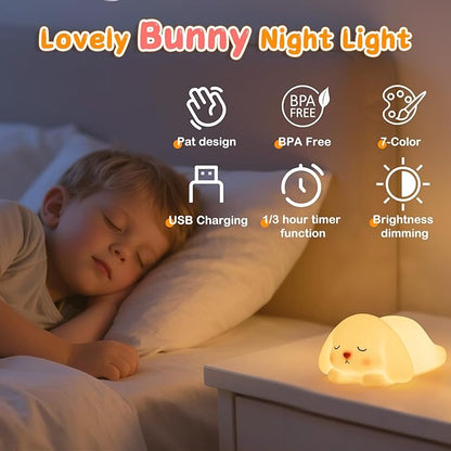 Tremdwoto Bunny Night Light for Kids - 16 Color Changing, Rechargeable Dimmable Nursery Lamp with 1/3 H Timer, Cute Animal Night Light for Baby Boys Girls, Kawaii Room Decor Gift