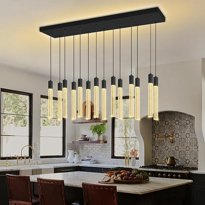Modern Rectangular Crystal Chandelier Led 14-Light Black Crystal Column Chandelier for Staircase, Living Room, Foyer, Hallway