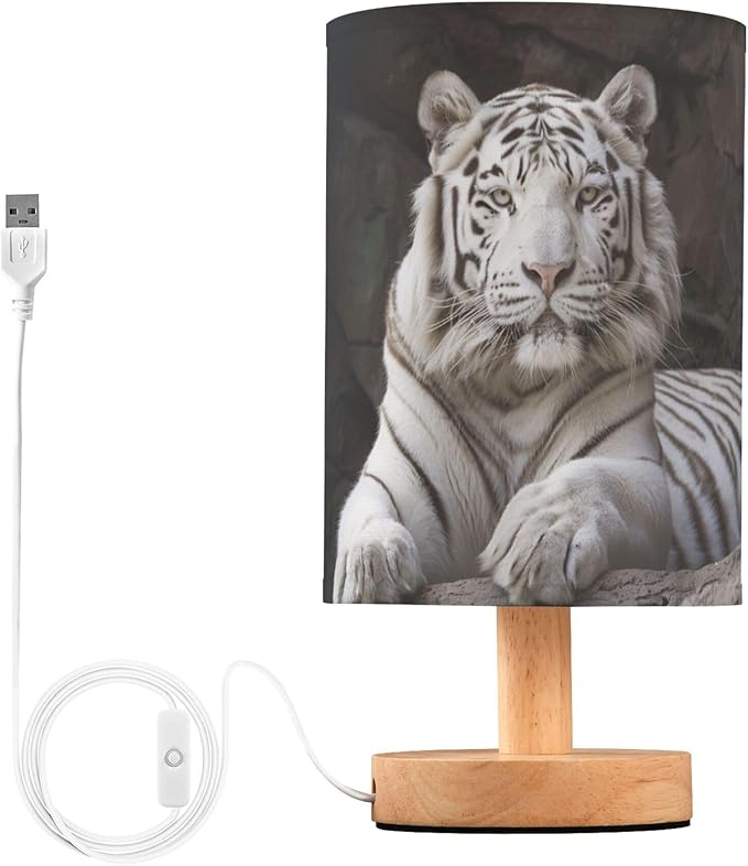 White Tiger Table Lamp with Wood Base Fabric Lamp Shade Bedside Nightstand Desk Lamp for Living Room Bedroom Kids Room Office