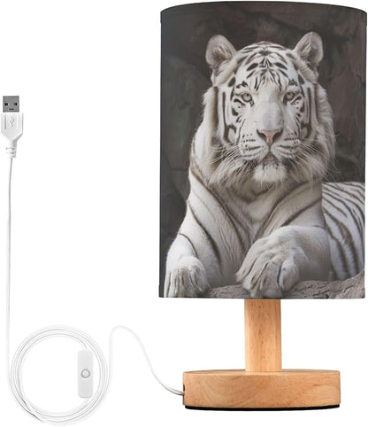 White Tiger Table Lamp with Wood Base Fabric Lamp Shade Bedside Nightstand Desk Lamp for Living Room Bedroom Kids Room Office