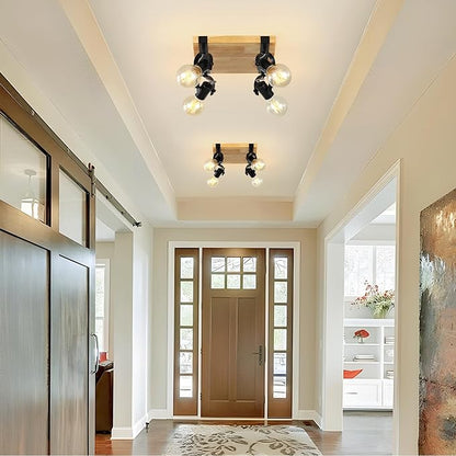 Farmhouse Wooden Flush Mount Ceiling Lamp,4-Light Directional Ceiling Spotlight Track Light Kits,Rustic Farmhouse Kitchen Light Fixtures for Kitchen Bathroom Bedroom Hallway.