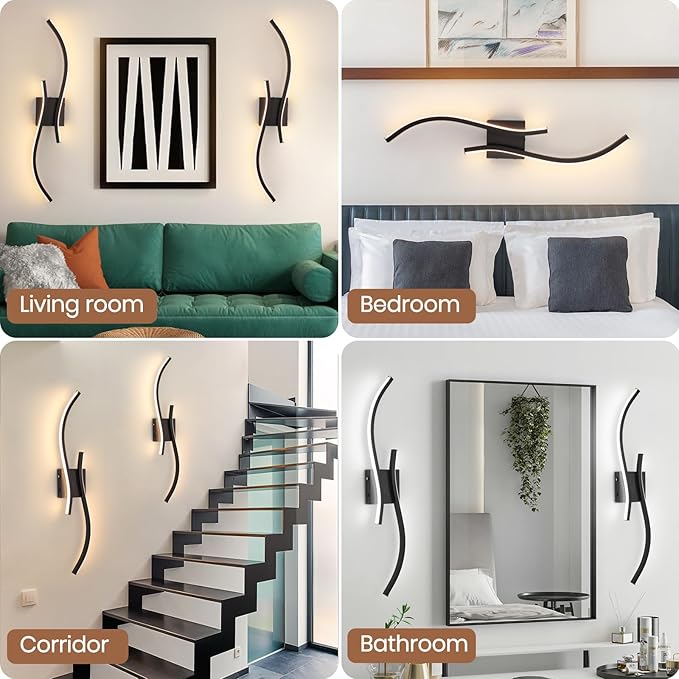 Battery Operated Wall Sconces Set of 2, Dimmable Rechargeable Battery Wall Light with Remote Control, 3000K-6500K LED Black Wireless Wall Sconce for Living Room Bedroom Hallway, 31.5inch (Black)