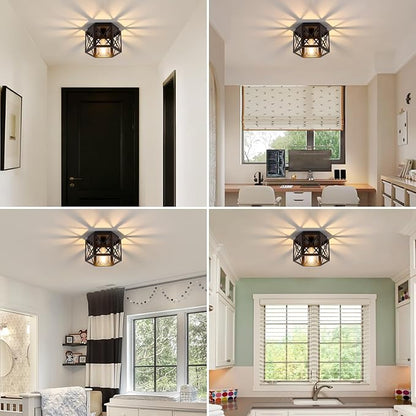 XSDeTu 2 Pack Flush Mount Ceiling Light, 1-Light Black Light Fixtures Ceiling Mount, Small Flush Mount Lamp with Hexagonal Metal Cage, Farmhouse Chandeliers for Hallway Kitchen Sink Entryway Foyer