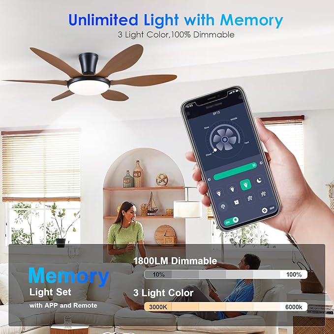 Ceiling Fans with Lights, 51 inch Modern Low Profile Ceiling Fan with Light and Remote App Control, Flush Mount, Quiet DC Reversible, Dim Led Ceiling Fan 6 Blade Softer Wind Indoor/Outdoor Patio Brown