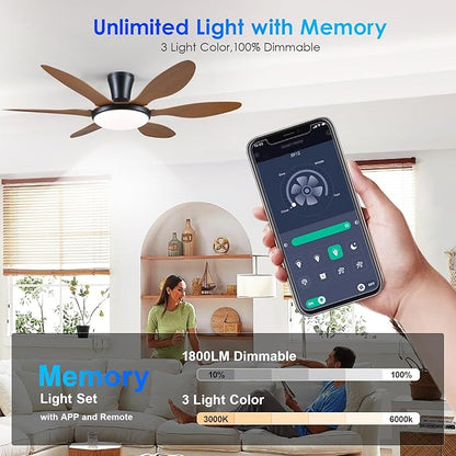 Ceiling Fans with Lights, 51 inch Modern Low Profile Ceiling Fan with Light and Remote App Control, Flush Mount, Quiet DC Reversible, Dim Led Ceiling Fan 6 Blade Softer Wind Indoor/Outdoor Patio Brown