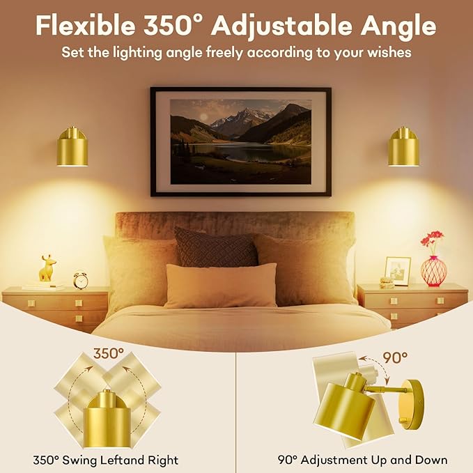 Lightess Sconces Wall Decor Set of 2 with Switch, 350° Rotatable Dimmable Gold Wall Sconce Hardwired, Industrial Wall Lights for Living Room, Bedroom, Bathroom, Hallway, (Not Included Bulb)