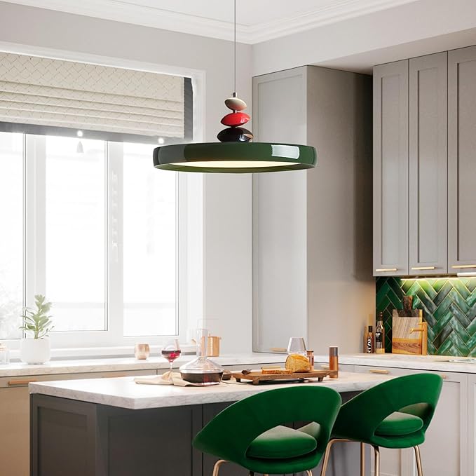 Mikeru Modern Pendant Lights, 15.8" Vintage Green Pendant Lighting Fixture with Remote Control Dimmable 3 Color Mode & Brightness Mid Century Island Light Fixture for Dining Room,Kitchen,Living Room