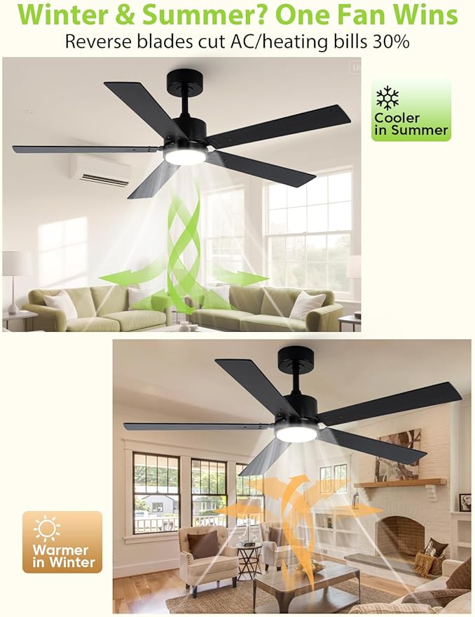 Black Ceiling Fans with Lights, 52 Inch Modern Ceiling Fan with Remote Outdoor Ceiling Fan for Bedroom, Living Room,High CFM Ceiling Fans with 3CCT LED Lights Kit, Quiet DC Motor, Timer