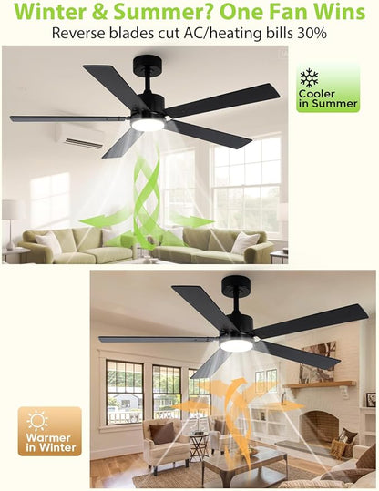 Black Ceiling Fans with Lights, 52 Inch Modern Ceiling Fan with Remote Outdoor Ceiling Fan for Bedroom, Living Room,High CFM Ceiling Fans with 3CCT LED Lights Kit, Quiet DC Motor, Timer