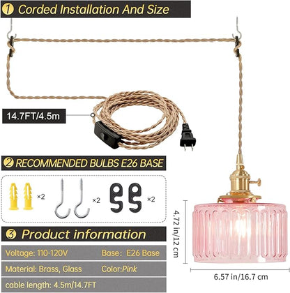 Shenmoyl Plug in Pendant Light Hanging Light Fixtures with Plugin Cord On/Off Switch,Pink Striped Glass Lampshade Brass Pendant Light