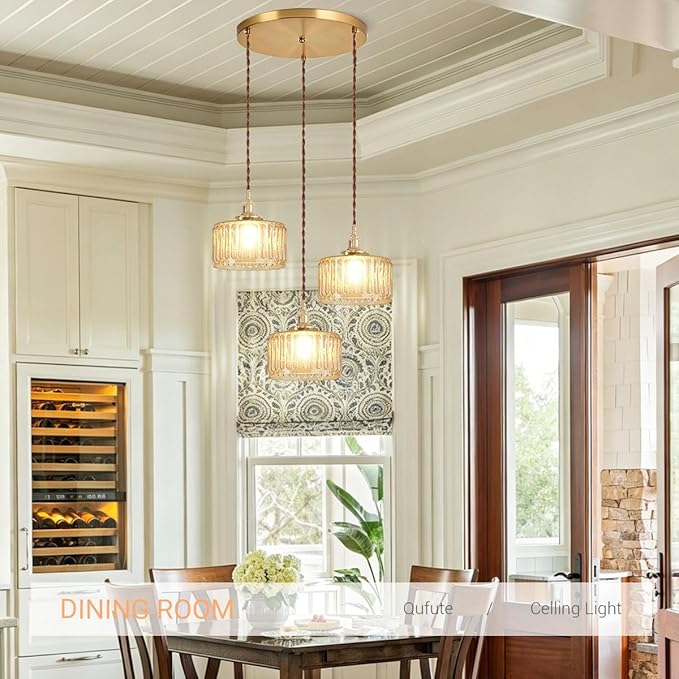 Amber Chandelier Mid-Century Modern Chandelier 3-Light Glass Globes Vintage Gold Brass Finish Striped Glass Hanging Pendant Lights Dining Room Semi Flush Mount Ceiling Light Fixture