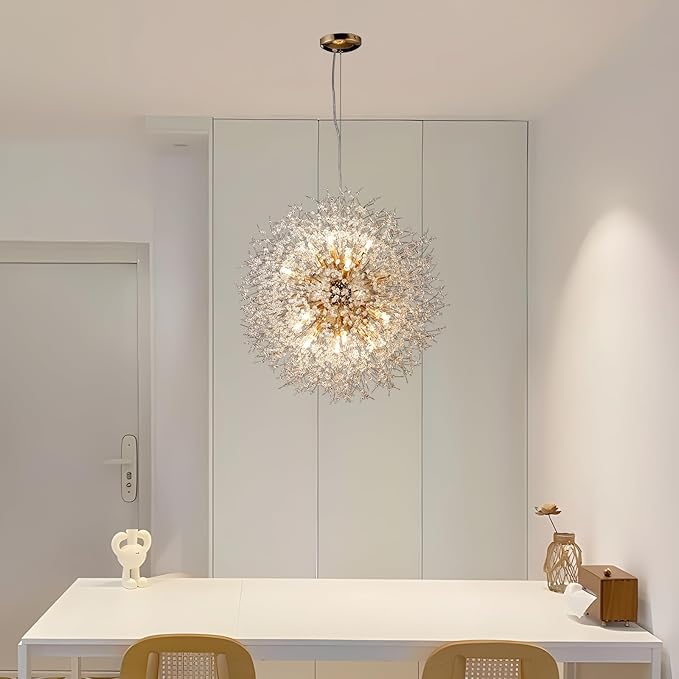 16-Light Sputnik Crystal Chandeliers Light Fixture, Modern Firework Hanging Lights, Round Gold Dandelion Pendant Lighting for Dining Room Living Room Bedroom Kitchen Island (Gold, D25.5inch)