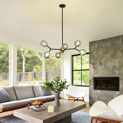 Depuley Glass Globe Sputnik Chandelier: 6-Light Mid-Century Modern Chandelier Black and Gold Bubble Light Fixture - Vintage Hanging Chandeliers for Kitchen Dining Room (Included G9 Bulbs)