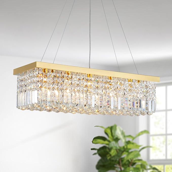 Saint Mossi 5-Lights K9 Crystal Chandelier for Dining Room, Rectangular Pendant Light Fixture for Kitchen Island, Raindrop Chandelier, H9 x W10 x L31, Chain Adjustable