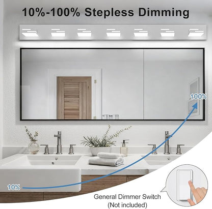 LED Modern Bathroom Vanity Light Fixtures, 7-Light 48-inch Dimmable Chrome Vanity Lights for Bathroom Lighting Fixtures Over Mirror, with 360° Rotatable Heads (Cool White 6000K)
