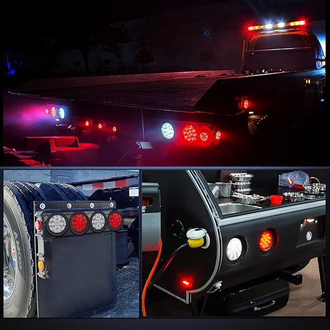 Nilight 4PCS 4" 12LED Round Reverse Brake Turn Tail Lights w/Surface Mount Grommet Plugs IP67 Trailer Light for Truck RV (White and Red)