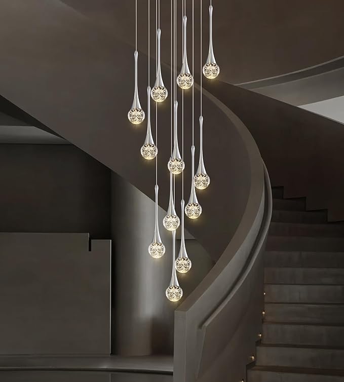 Modern Crystal Staircase Chandelier for High Ceilings, Glam LED Dimmable Pendant Light Living Room Entryway Foyer Chandelier Lighting Fixture Chrome 12-Lights