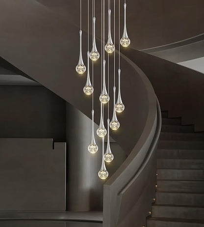 Modern Crystal Staircase Chandelier for High Ceilings, Glam LED Dimmable Pendant Light Living Room Entryway Foyer Chandelier Lighting Fixture Chrome 12-Lights
