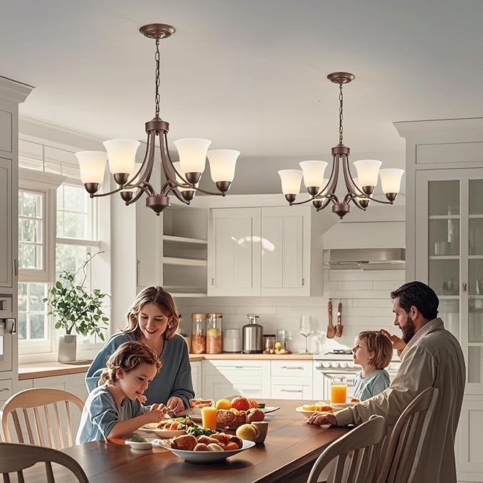 6 Light Oil Rubbed Bronze Dining Room Light Fixture Farmhouse Modern Chandelier Pendant Light Bronze 47.2''Adjustable Ceiling Hanging Lighting with Frosted Glass for Kitchen Island Living Room Foyer