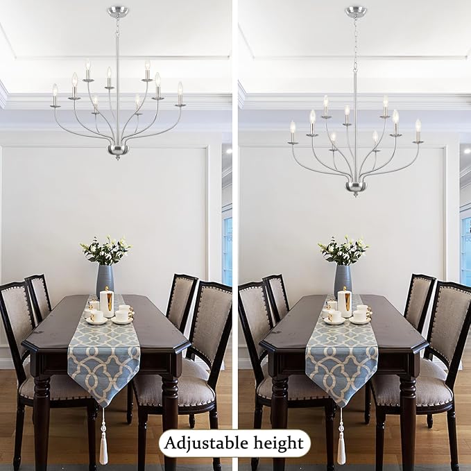 Brushed Nickel Chandelier, 9-Light Modern Farmhouse Chandelier for Dining Room Light Fixture, 2-Tier Industrial Hanging Country Candle Chandeliers for Living Room Foyer Bedroom Entryway Kitchen