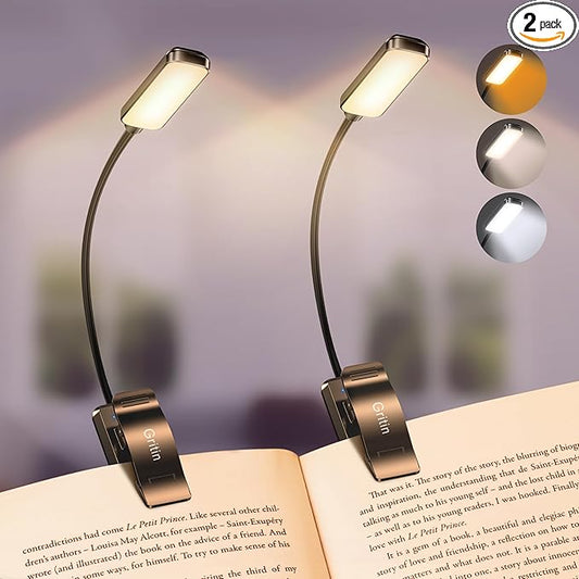 Gritin 2 Pack 9 LED Rechargeable Book Light for Reading in Bed -Eye Caring 3 Color Temperatures, Stepless Dimming Brightness, Small Lightweight Clip On Book Reading Light for Studying
