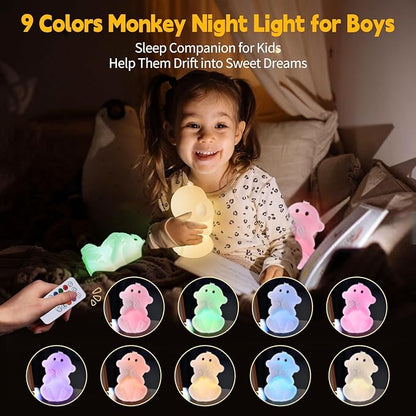 Monkey Night Light for Kids, Remote & Tap Control, Color Change, 15/30/60 Min Timer, Dimmble, USB-C Rechargeable Squishy Night Light, Cute Night Lamp for Boys, Girls (Monkey)