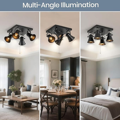 KEESFU 4-Light Square Ceiling Light Fixture with Pull Chain Switch, Black Adjustable Track Lighting,Flush Mount Directional Ceiling Lamp for Foyer Living Room Bedroom Kitchen Dining Area