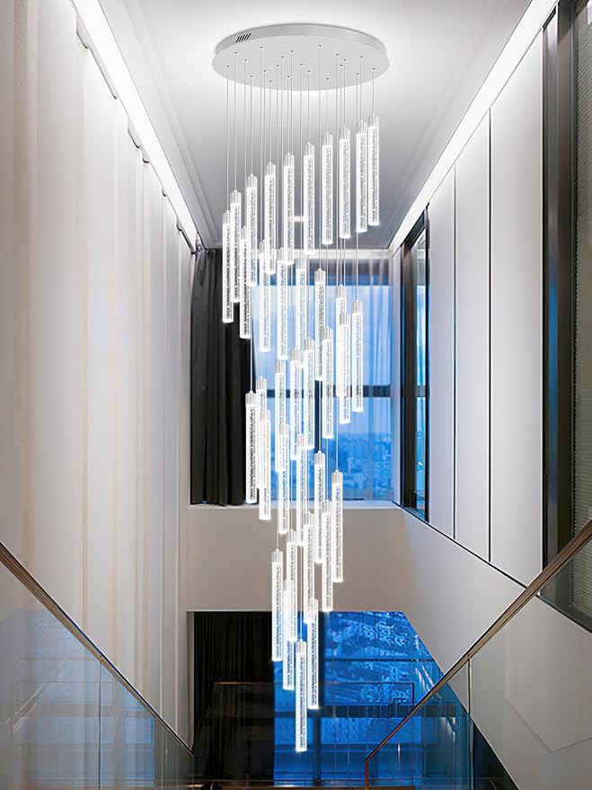 200'' Long Crystal Column Chandelier Silver 36-Lights Extra Large Staircase Chandeliers Dimmable LED Ceiling Lighting Foyer Entryway Light Source is Replaceable