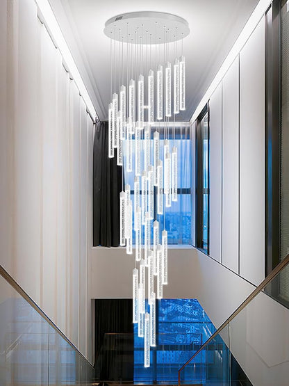 200'' Long Crystal Column Chandelier Silver 36-Lights Extra Large Staircase Chandeliers Dimmable LED Ceiling Lighting Foyer Entryway Light Source is Replaceable