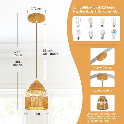 2 Pack Boho Rattan Pendant Light Kitchen Island,Farmhouse Chandeliers Adjustable Height Hanging lamp for Dining Room,Kitchen Ceiling Lights Fixtures with Hand Woven Wicker Lampshade Lighting
