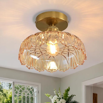 Semi Flush Mount Ceiling Light Mid Century Modern Floral Amber Glass Shade, Close to Ceiling Lighting Fixtures for Bedroom, Bathroom, Kitchen, Closet Laundry Room, Foyer and Hallway 9.45 in