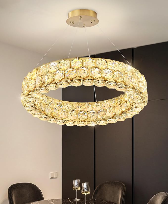 Modern Crystal Chandelier Ring Chandeliers for Dining Room Living Room Round LED Dimmable Ceiling Light Fixture for Bedroom Hallway Foyer Gold