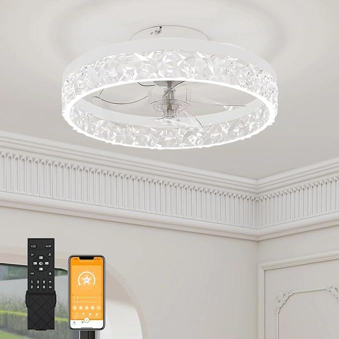VOLISUN Fandelier Ceiling Fans with Light, 15.7in Low Profile Ceiling Fan with Light and Remote, 3000K-6500K Dimmable Bladeless Ceiling Fan Flush Mount, White Modern Ceiling Fan with Light for Bedroom