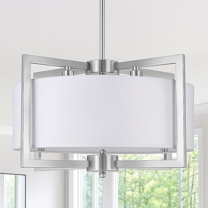 4-Light Modern Chandelier for Dining Room, 18'' Drum Pendant Light Fixture Chandelier with Fabric Shade, Farmhouse Chandeliers Hanging Lighting Fixtures for Foyer Entryway Living Room, Brushed Nickel