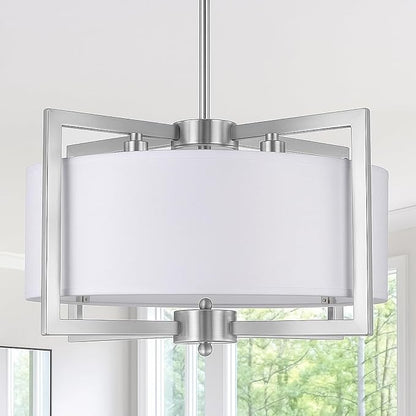 4-Light Modern Chandelier for Dining Room, 18'' Drum Pendant Light Fixture Chandelier with Fabric Shade, Farmhouse Chandeliers Hanging Lighting Fixtures for Foyer Entryway Living Room, Brushed Nickel