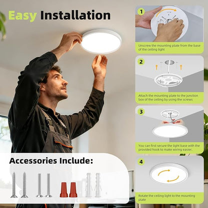 hepside 7 Inch White Flush Mount Ceiling Light, 15W 1800LM Ceiling Light Fixture,3000K/3500K/4000K/5000K/6500K Color Selectable, LED Flat Ultra-Thin Round Lighting Fixture for Closet Bathroom Hallway