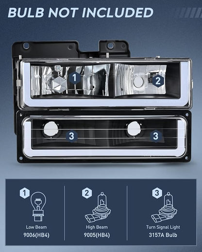 Nilight DRL Headlight Assembly Compatible with 1988 1989 1990 1991 1992 1993 1994 1995 1996 1997 1998 Chevrolet GMC C10 C/K 1988-1999 Silverado Suburban Sierra Blazer Tahoe Yukon Black Housing