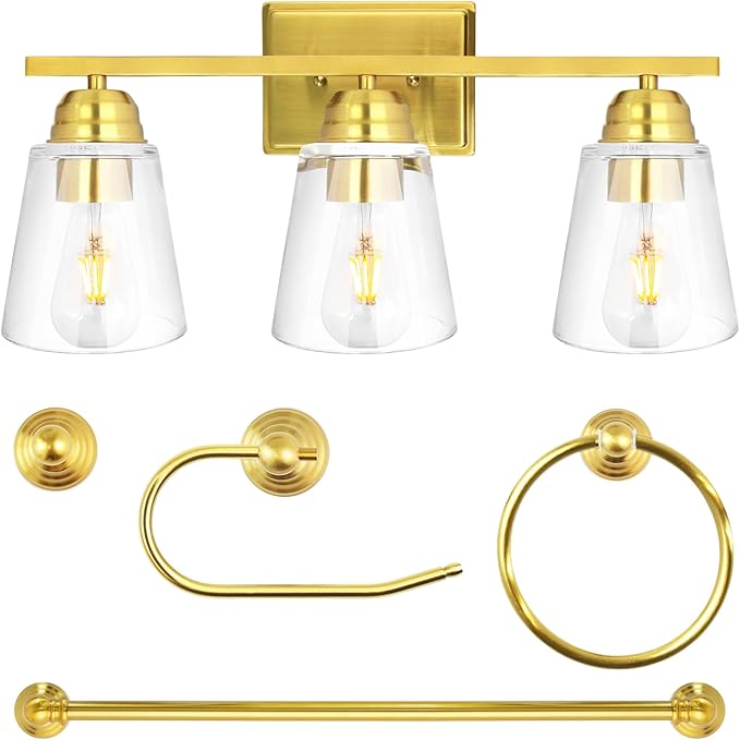 hykolity 3-Light Bathroom Vanity Light, 5-Piece All-in-One Bathroom Set, 20 Inch Modern Wall Lamp, Gold Wall Sconces with Clear Glass Shade, Wall Lights for Bedroom, Living Room, Bathroom Mirror
