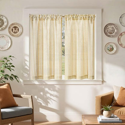 jinchan Striped Linen Kitchen Curtains 45 Inches Tier Curtains Farmhouse Modern Cafe Style Small Window Treatments Airy Light Filtering Rod Pocket for Living Room Bathroom 2 Panels Mustard Yellow