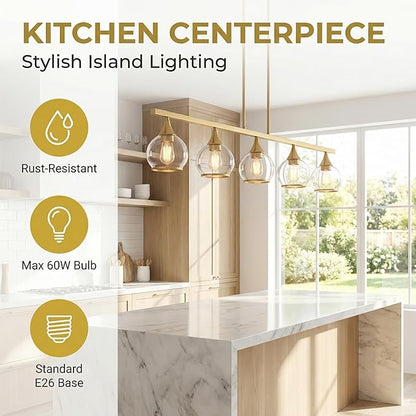 Kitchen Island Linear Pendant Light, 5-Light Gold Dining Room Chandelier with Clear Glass Globe Shades, Modern Linear Lighting Fixture Over Table