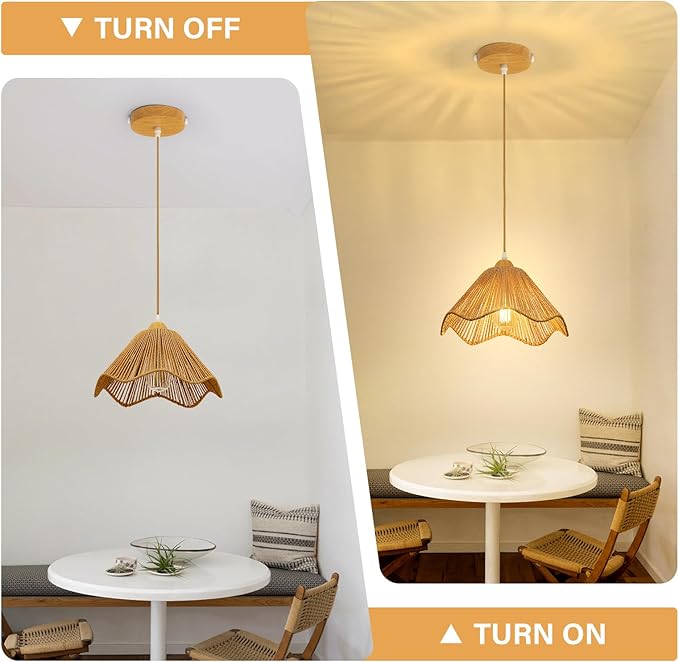 2 Pack 12.4" Wave Rattan Chandelier Pendant Lights Kitchen Island,Farmhouse Boho Chandeliers Adjustable Height Hanging lamp for Dining Room,Kitchen Ceiling Light Fixtures Woven Wicker Lampshade