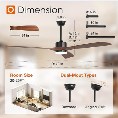 addlon 72 inch Ceiling Fans with Lights and Remote Control, Reversible, 3 Wood Blades, 6 Speeds, 3CCT Dimmable, Noiseless, Indoor/Outdoor Black Walnut Ceiling Fan for Bedroom Living Room Gazebo Patio