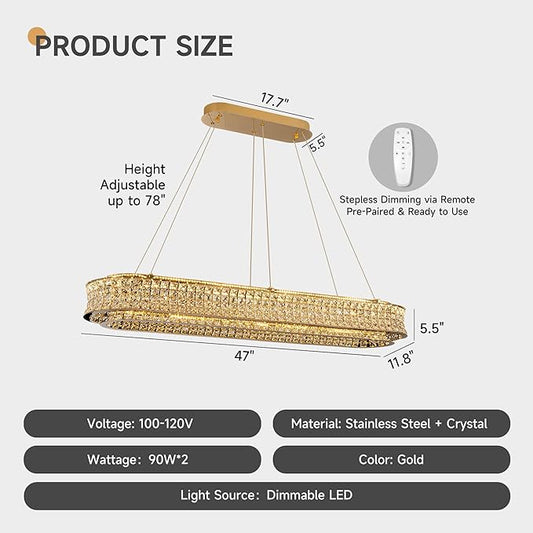 47" LED Rectangle Gold Crystal Chandeliers for Dining Room, Luxury, Rectangular Modern Crystal Oval Kitchen Chandelier, Dimmable LED with Remote, for Dining Room, Kitchen Island