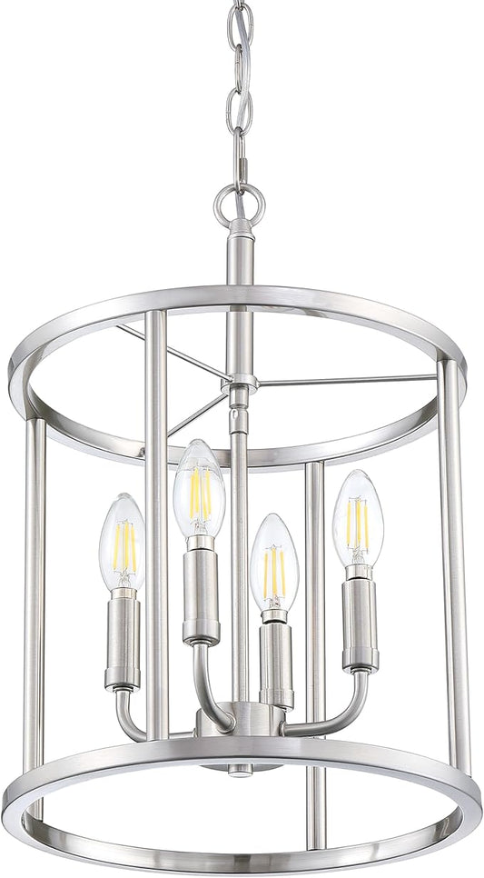4 Light Hanging Lantern Pendant Light Fixture Geometric Chandelier,Brushed Nickel Finish Adjustable Chain Metal Cage Pendant Lighting for Kitchen Island Dining Room Foyer