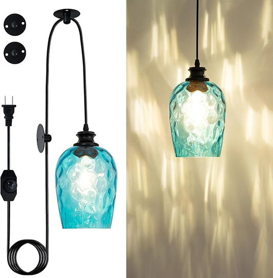 Blue Plug in Pendant Light Hand Blown Glass Shade Textured for Rippled Glow Dimmable Switch 16.4 Ft Cord E26 Base for Bedroom Office Nursery Indoor Outdoor Lighting