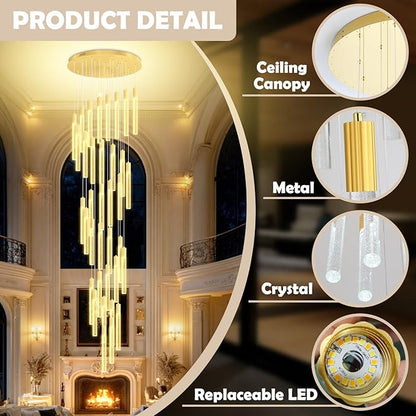 Extra Long Crystal Chandelier for High Ceiling, 36-Light Gold Crystal Column Chandeliers, Modern Dimmable LED Light Fixtures for Foyer, Staircase, Hotel Lobby