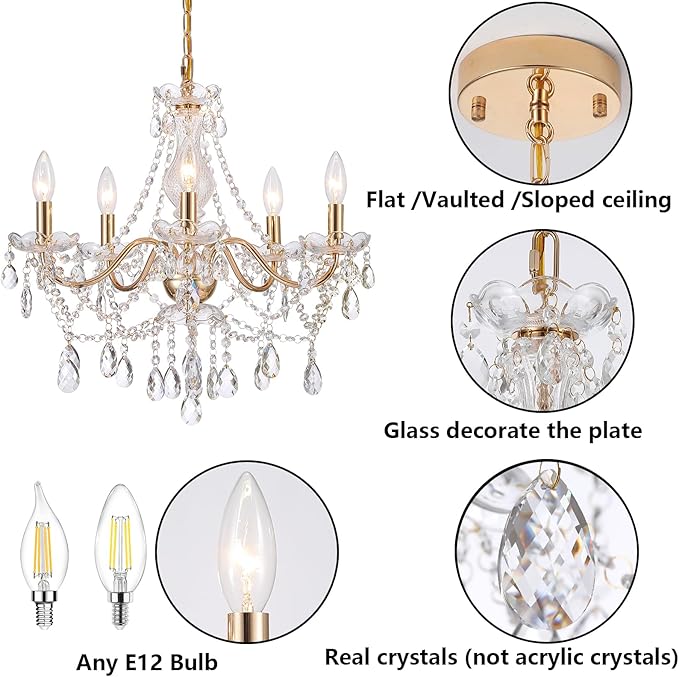 AMZASA Crystal Gold Chandelier, Glass Crystal Hanging Pendant Lighting, 5 Light French Country Gold Crystals Chandelier for Ceiling Medallions,Wedding,Dining,Kitchen, Foyer,Dia 20'' Golden